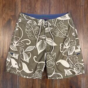 J. Crew Original Swimwear size 34 swim board shorts green cream tropical floral